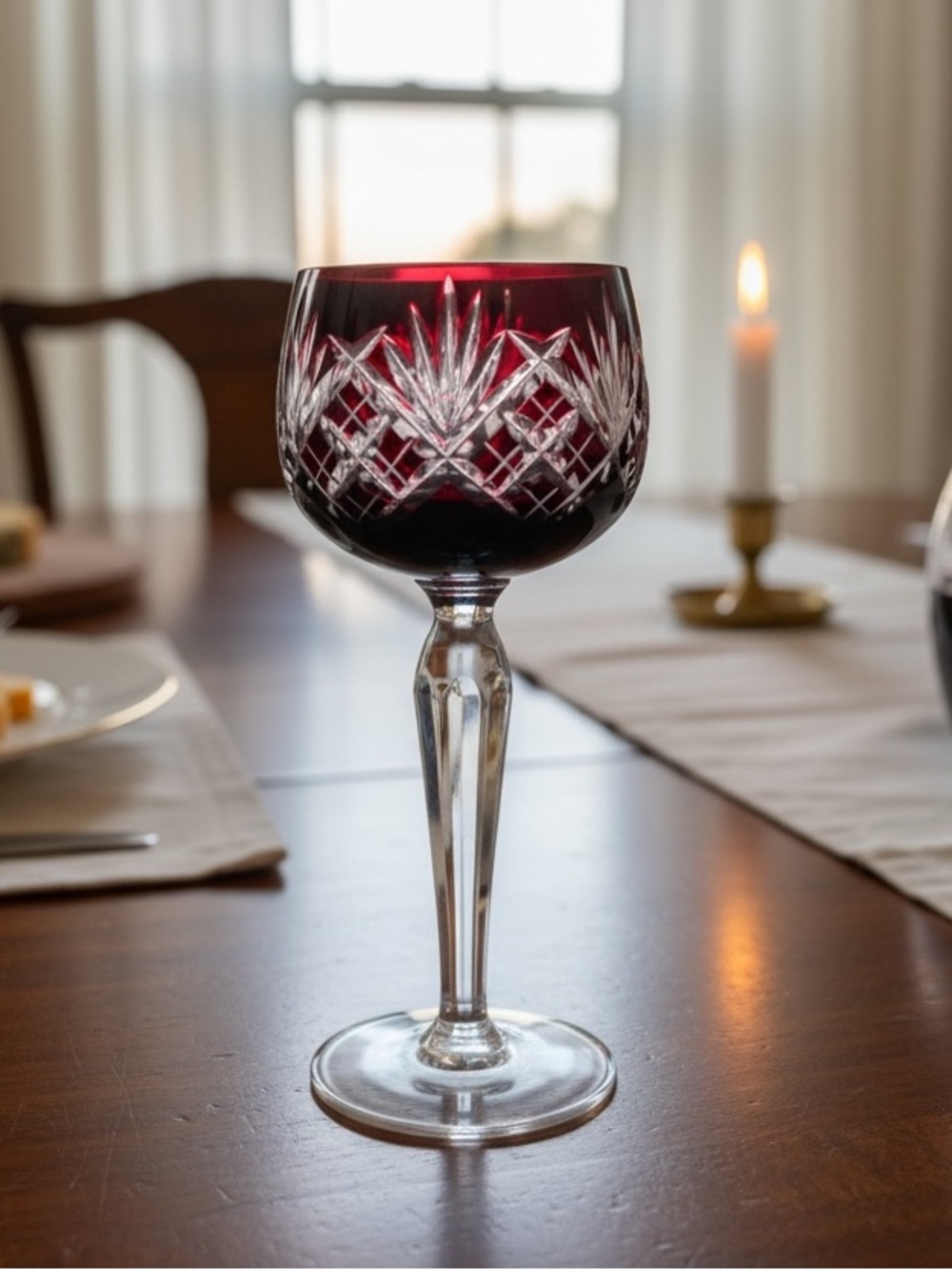 Elegant Ruby Cut to Clear Crystal Goblet - Red Stemware Czechoslovakia